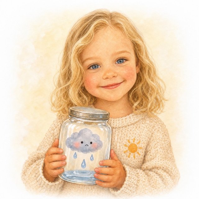 A child painted in watercolor, holding a jar with a small rain cloud inside